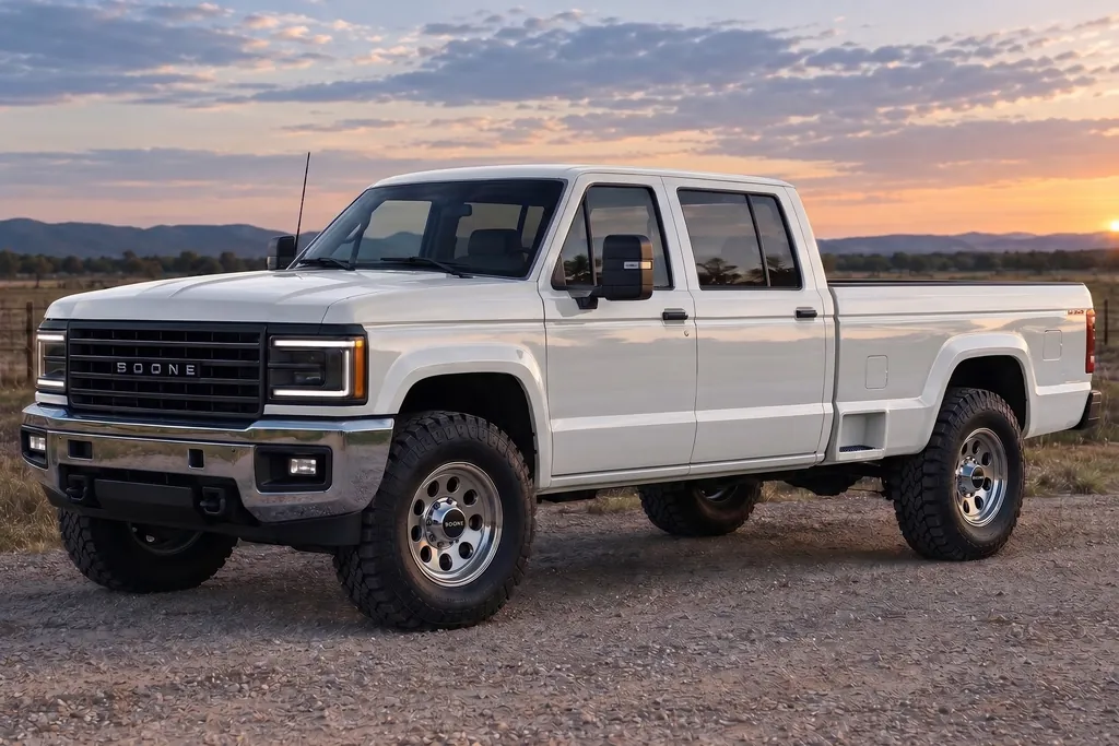 Boone Highwayman Crew Cab in white at sunset